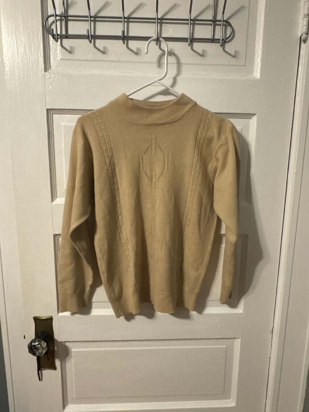 Vintage Tan Mock Neck Geometric Diamond Knit Sweater